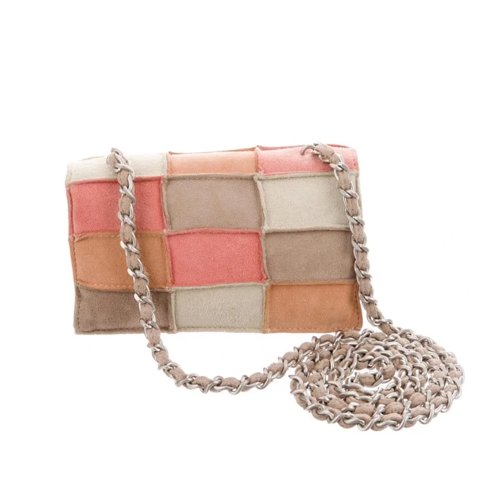 AUTH CHANEL PATCHWORK SUEDE MINI BAG CRYSTAL CC SILVER CHAIN RARE VINTAGE BOHO - Picture 6 of 17